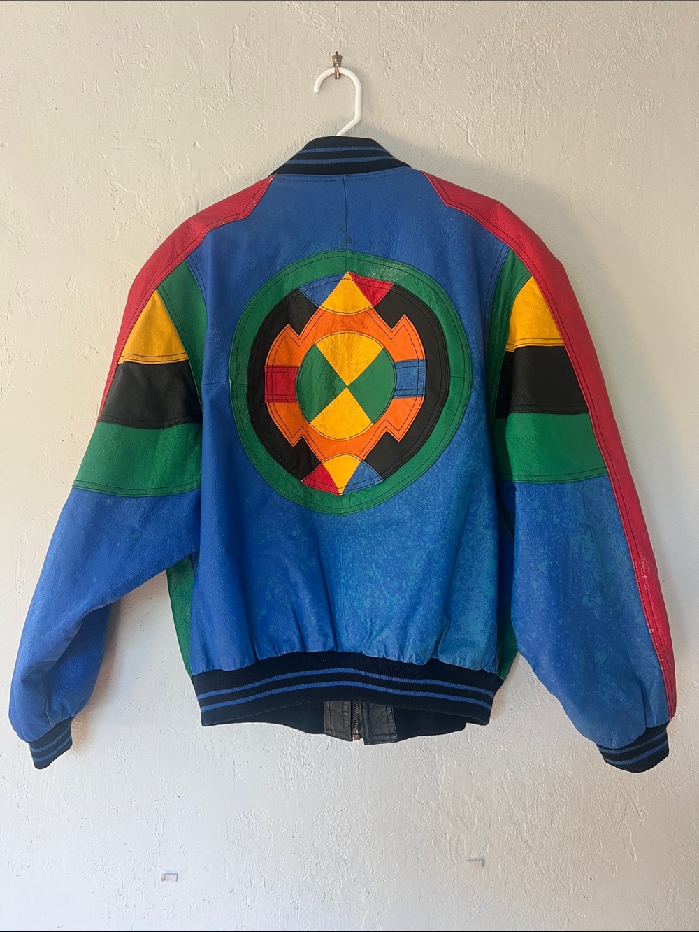 Colorblock Vintage Leather Bomber Jacket. Genuine Leather Shell - Picture 8 of 12